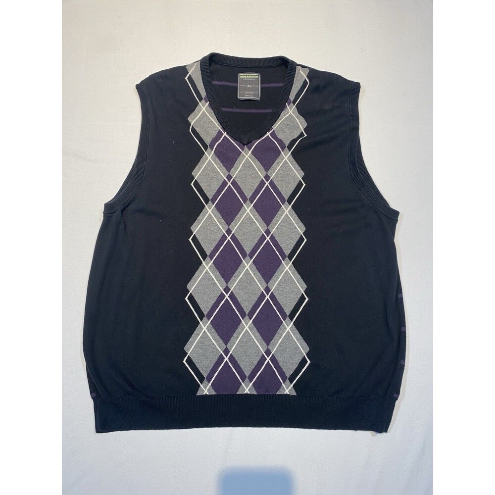 Vintage John Bartlett Consensus Black Purple Plaid Sweater Vest Mens XL
